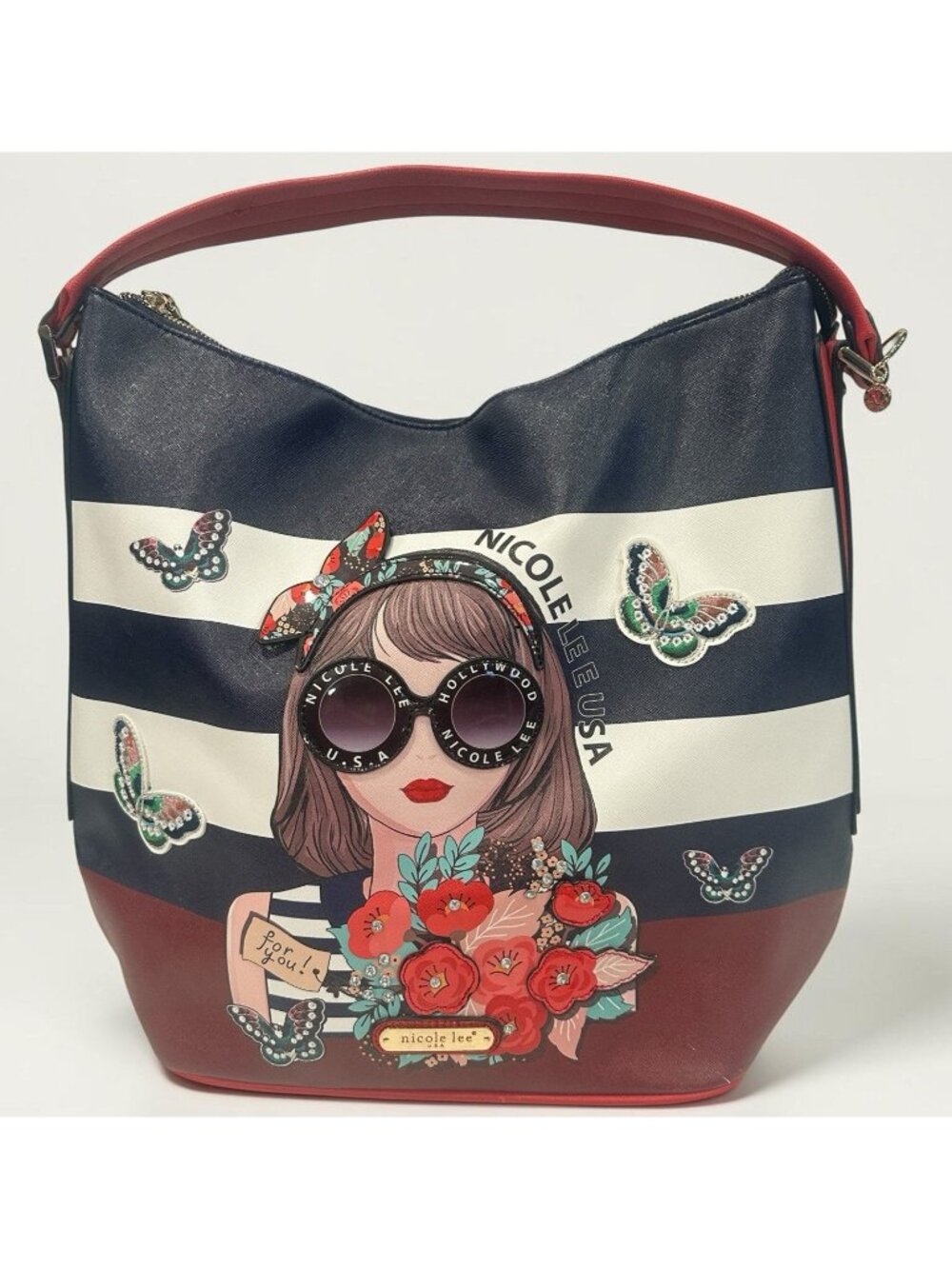 Nicole Lee Judith Loves Flower Hobo Bag Red White Blue Butterfly Floral Tote